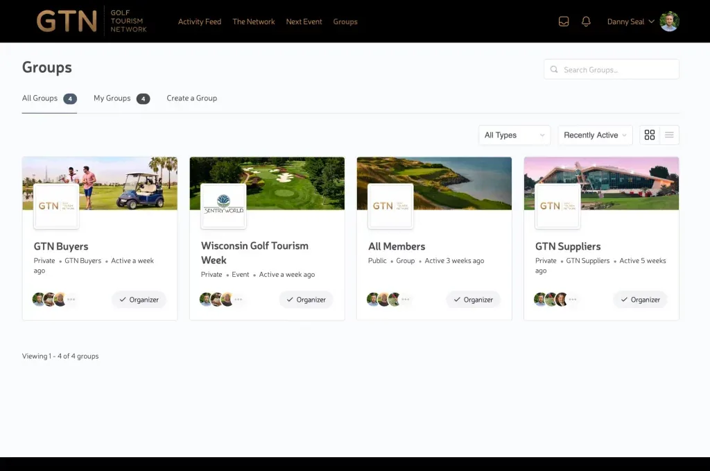 GTN platform groups page listing buyer, supplier and event groups
