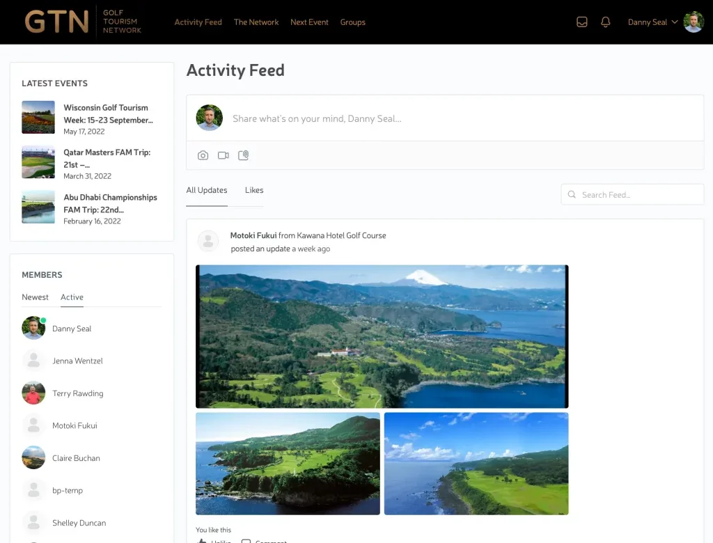 GTN platform activity feed with member updates and upcoming events