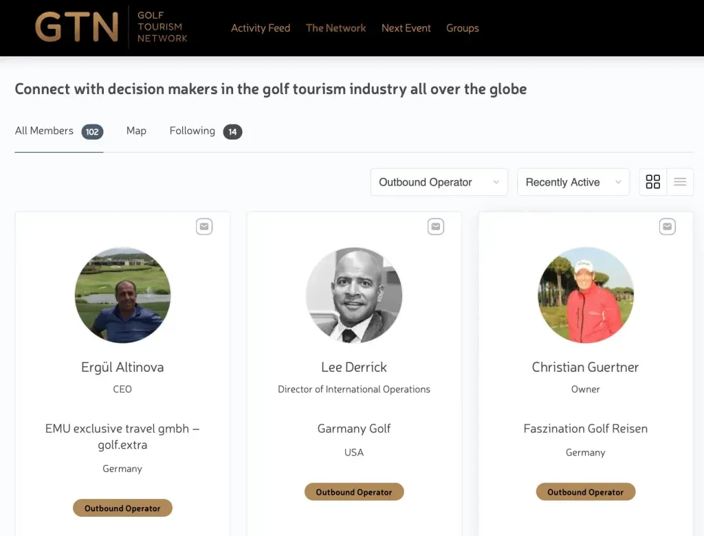 GTN platform member directory showing profile cards for tour operators